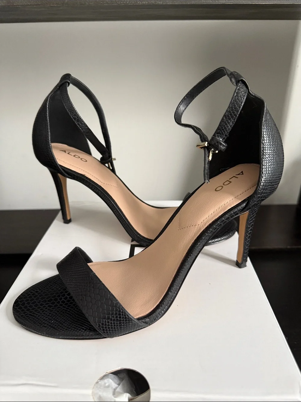 Aldo Black Textured Ankle-Strap Heels